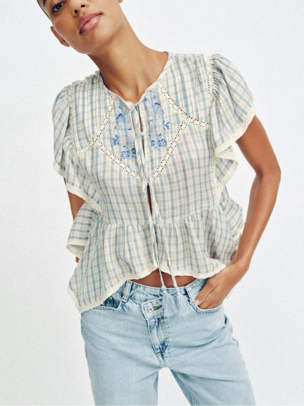 Zara EMBROIDERED PLAID LACE INSERT TOP NWT